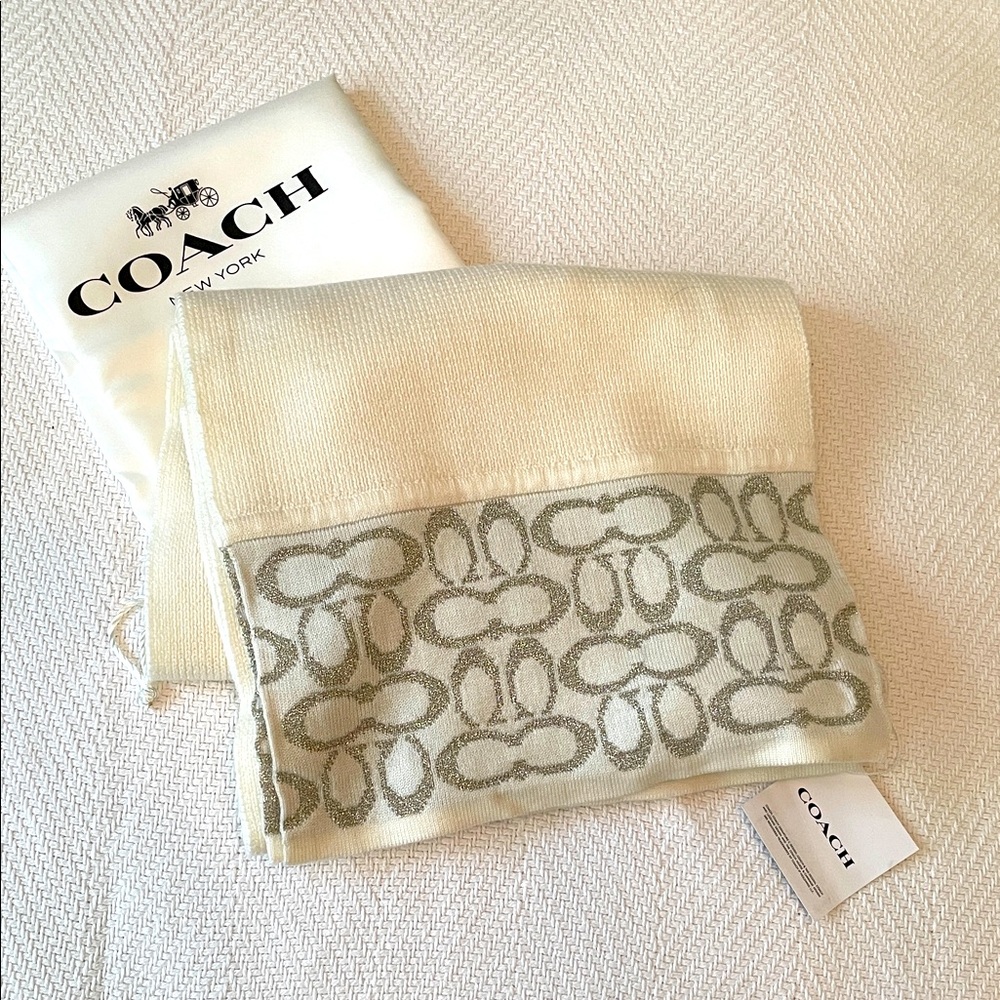 Coach Wool Scarf - White with Silver Coach Logo Pattern